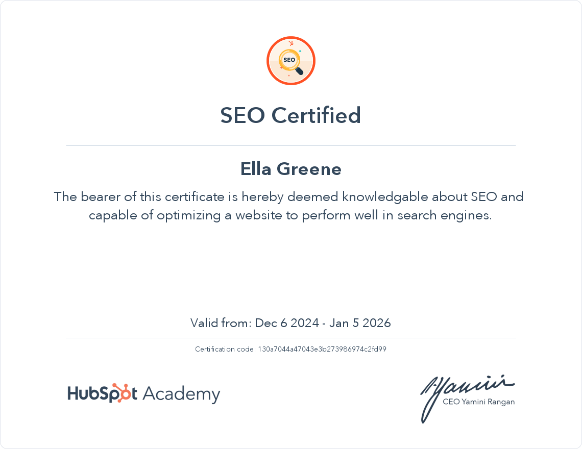 SEO Analytics HubSpot Certification